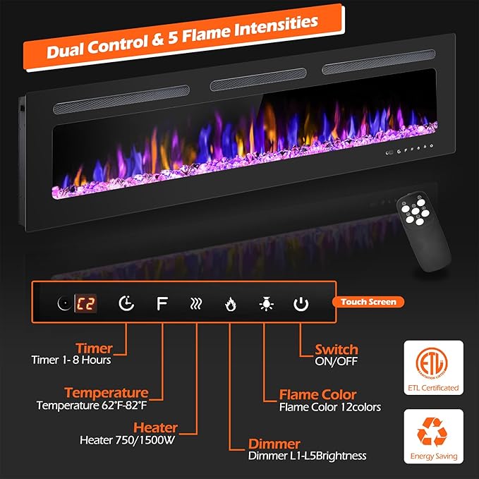 68" Electric Fireplace Wall Mounted and Recessed - Image 2