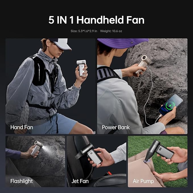 JISULIFE Portable Handheld Fan Ultra2 9000mAh, Max 25 Hrs, 5 IN 1, 100 Speed - Image 2