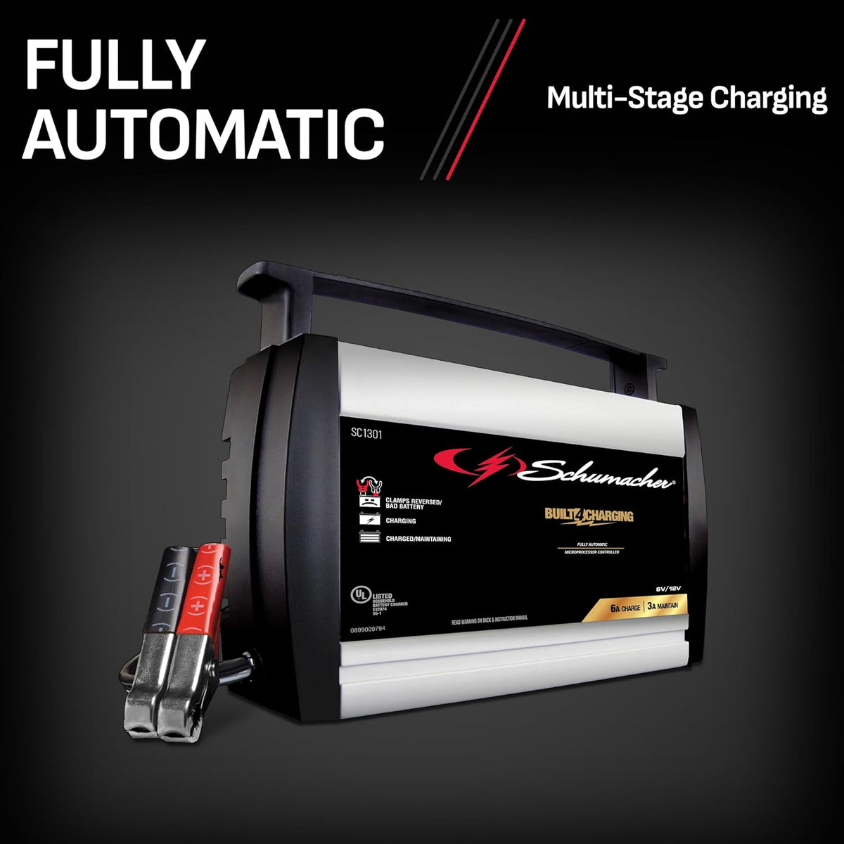 schumacher electric battery charger and maintainer, sc1301, 3-in-1, side view