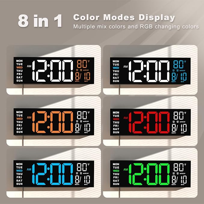 JALL 16" Large Digital Wall Mount Clock, Count Down Timer, Big LED, RGB Color - Image 3
