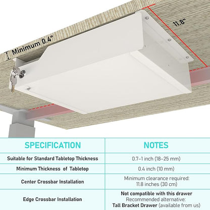 White Under Desk Drawer with Lock, Metal Hidden Storage - Image 3