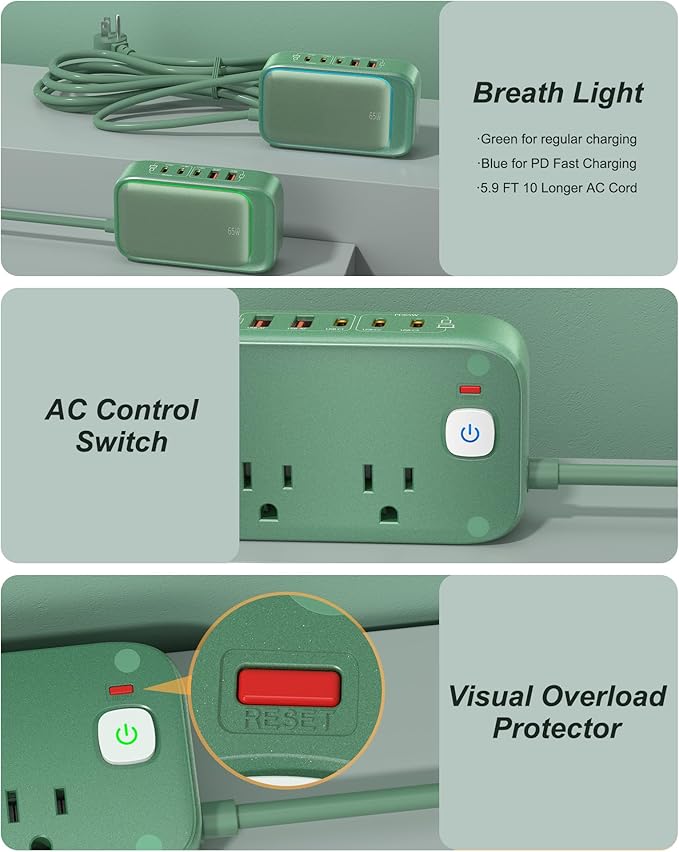 KWRNVO 7-IN-1 Power Strip, 85W PD USB C Power Strip, Desktop Charging Station - Image 7
