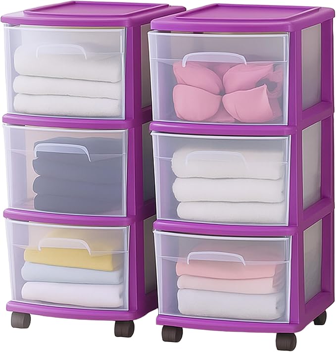 HOMZ 2-Pack Drawer Tower, 3-Tier Clear Plastic Storage Organizer Cart, and by Homz
