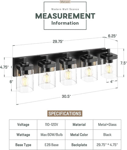 METWET Bathroom Light Fixtures, 5-Light 30" Vanity Light - Image 2