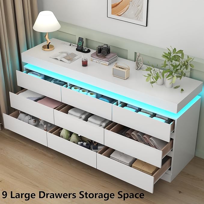 9 Drawer Dresser with Power Outlet, Dresser with LED Light, Modern Chest of - Image 5