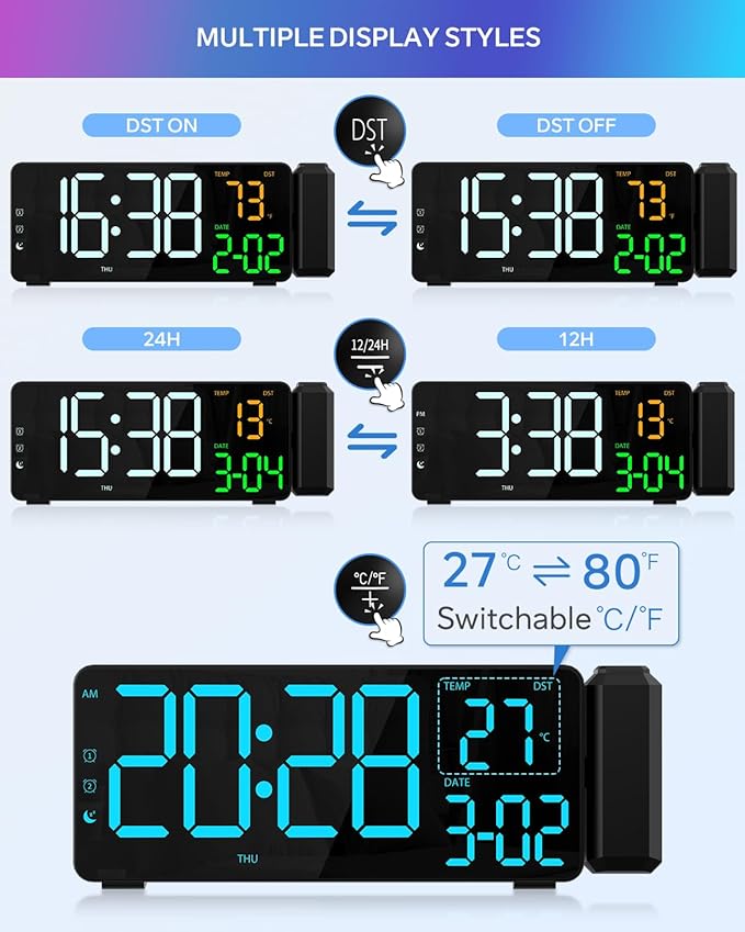 EVILTO Projection Alarm Clocks, RGB Desk Clock - Image 6