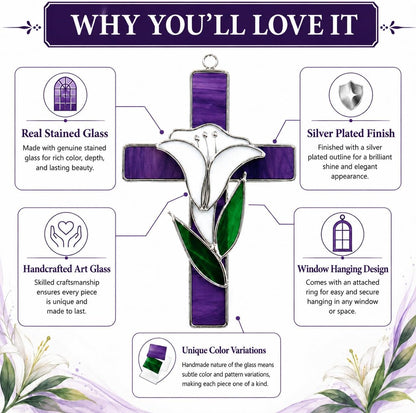 SassyXpressions Stained Glass Cross with Lily – 9x5inch – Handcrafted Window Hanging Christian Cross – Decorative Home Décor, Prayer Room Ornament – Religious Keepsake, Faith-Inspired Christian Gift