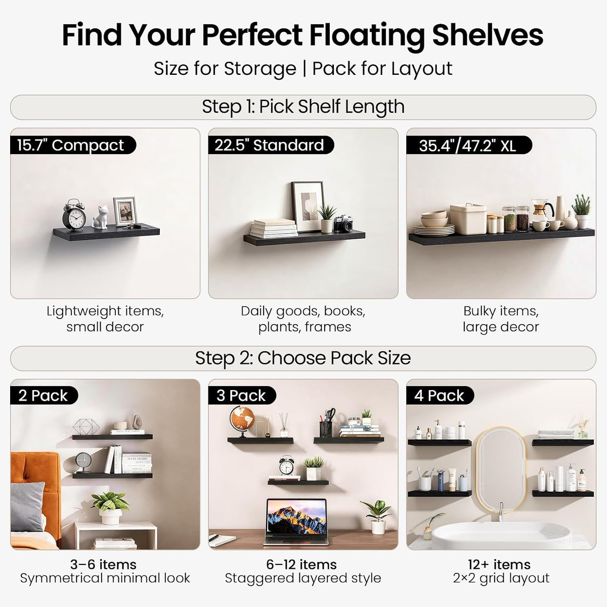 BAYKA Black Floating Shelves 22.5in, Set of 2, Wall Mounted for Wall Decor