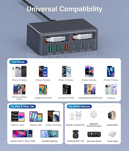 2026 Updated USB-C Fast Charging Station, 120W GaN 8-Port Retractable Charger - Image 5