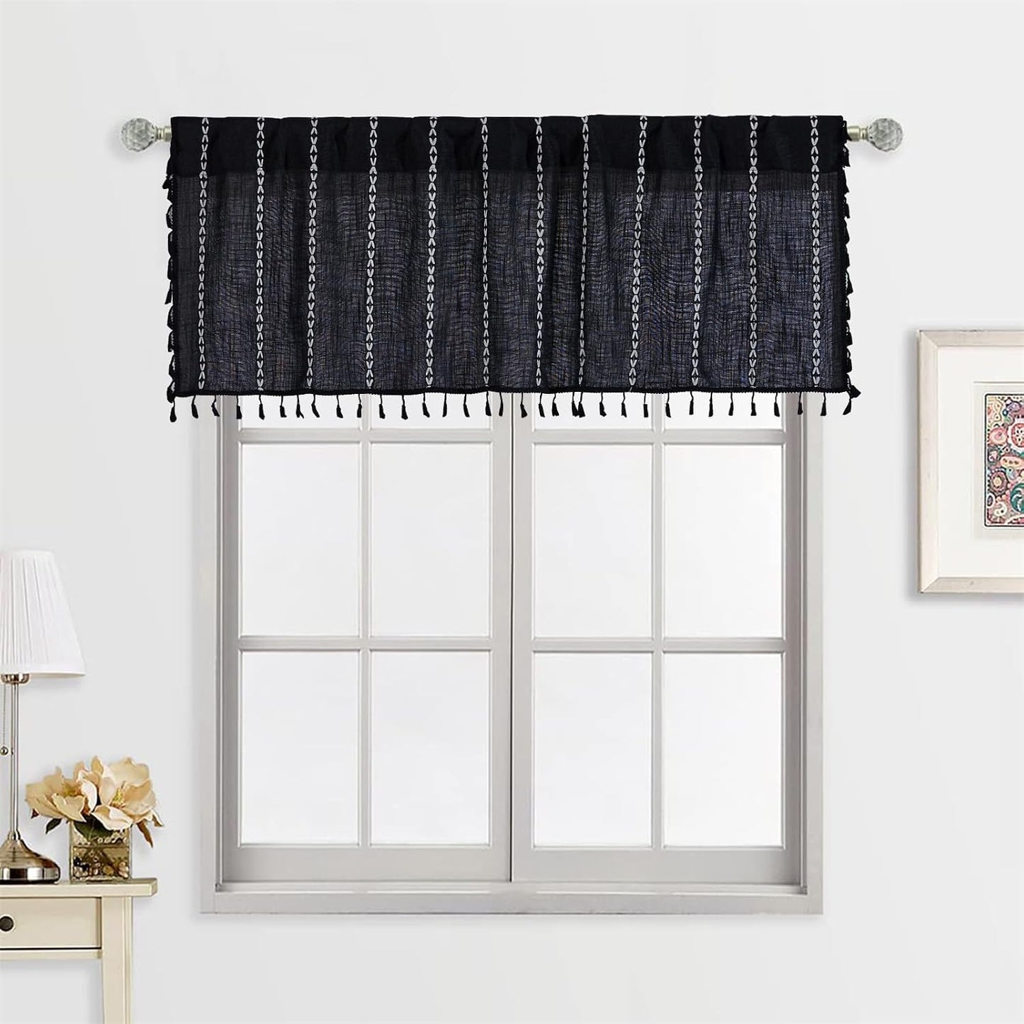 RoomTalks Black Boho Kitchen Valances for Windows, 18’’L x 52’’W Gothic Moody Striped Farmhouse Vintage Country Cottage Textured Tassel Curtain Valances for Bathroom Living Room