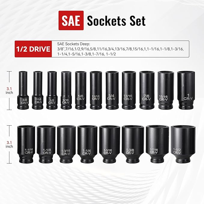 25-Piece 1/2" Drive Socket Set, Deep Sockets, Extension Bars, 1/2" F to 3/8" M - Image 2