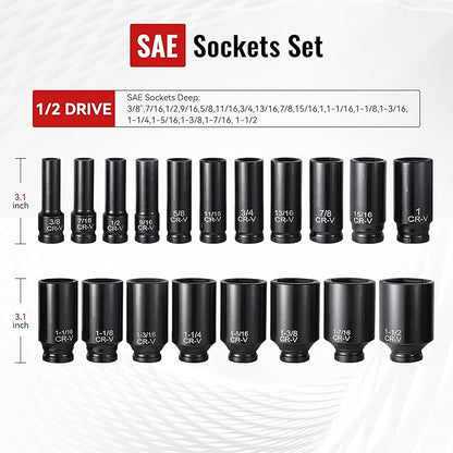 25-Piece 1/2" Drive Socket Set, Deep Sockets, Extension Bars, 1/2" F to 3/8" M - Image 2