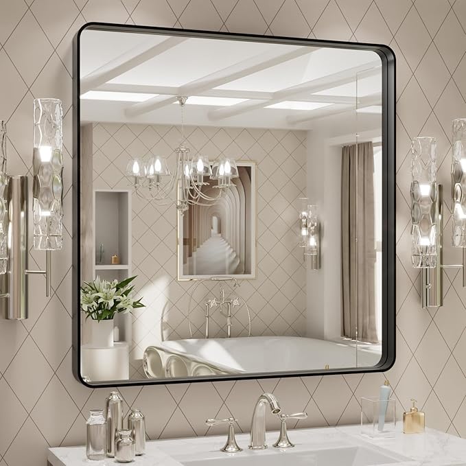 LOAAO 30x30 Inch Black Metal Framed Bathroom Mirror - Image 3