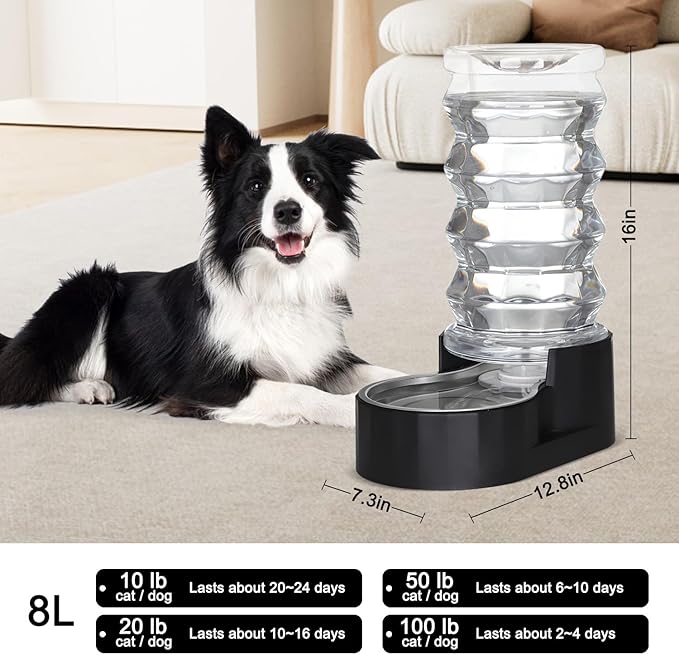 RIZZARI Dog Water Bowl Dispenser : 8L Gravity Large Black Stainless Steel - Image 2