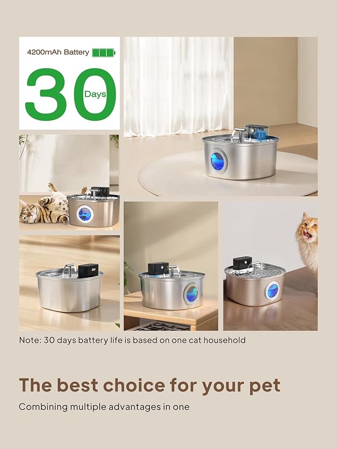 Voluas Cat Water Fountain Stainless Steel: 108oz/3.2L Wireless Cat Fountain - Image 3