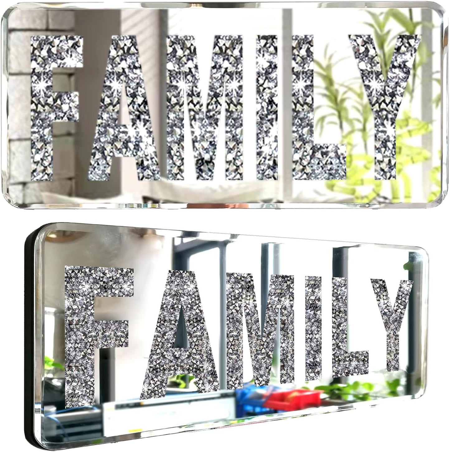 ZOLAPI 2 pcs Letters FAMILY. Crystal Diamond Letters. Silver Mirror Glass Home Decoration for Wall, Fireplace, Bookshelf and Table.
