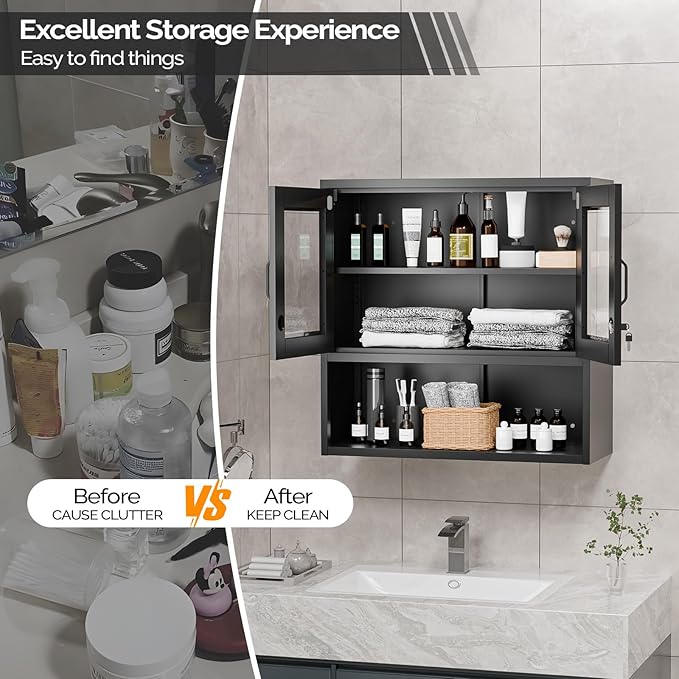 VINGLI Metal Wall Cabinet with Locking Glass Doors & Magnetic LED Sensor Light - Image 9