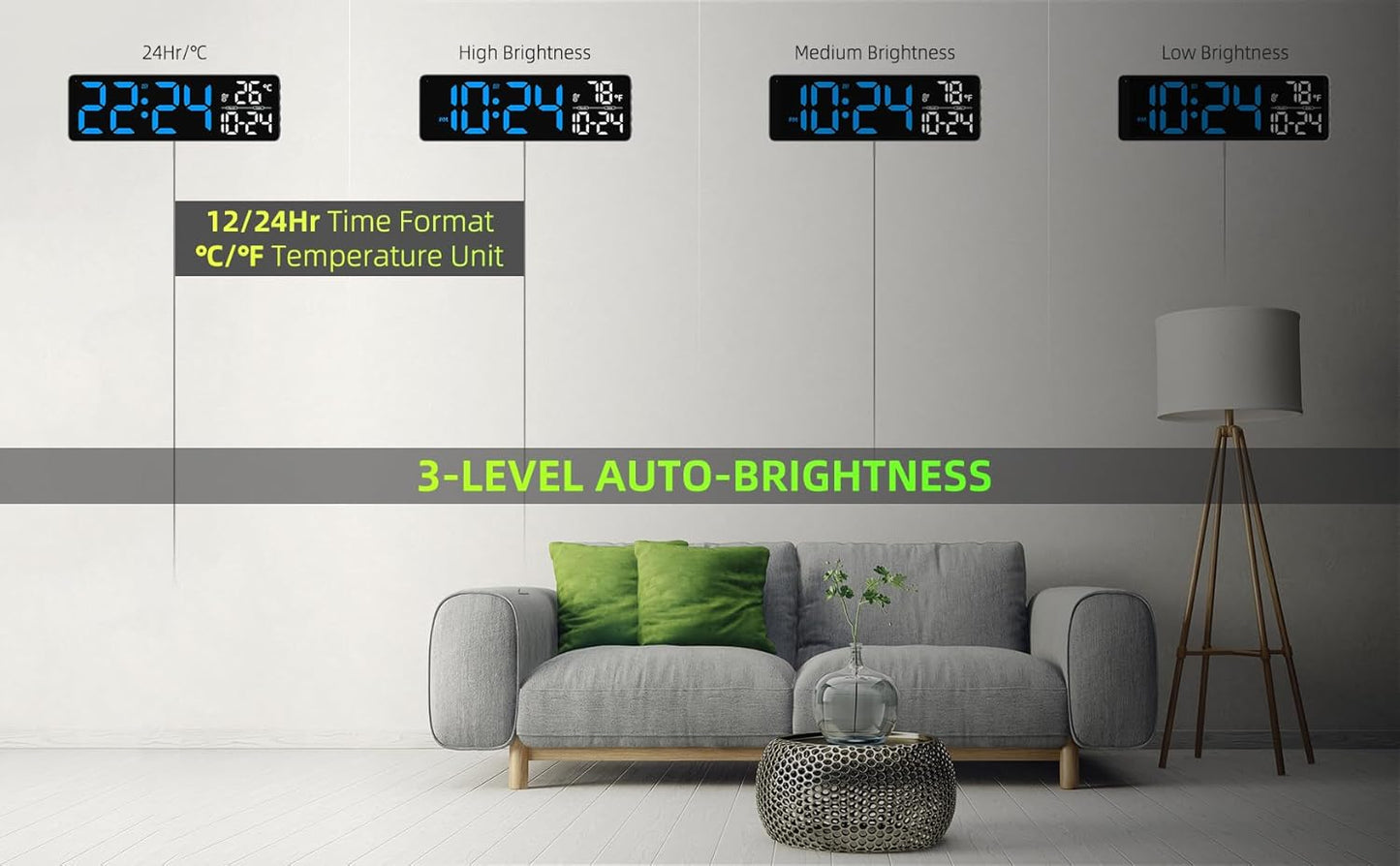 Large LED Digital Wall Clock with Date, Temperature, Auto-Brightness, Auto-DST | Big Digital Clock for Bedroom, Desk, Classroom, Living Room, Kitchen, Office, Gym, Farmhouse, Xmas Gift for Seniors