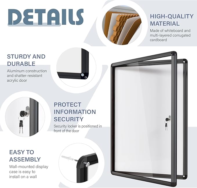 Enclosed Bulletin White Board 36x24 in, Lockable Wall Display Case - Image 3