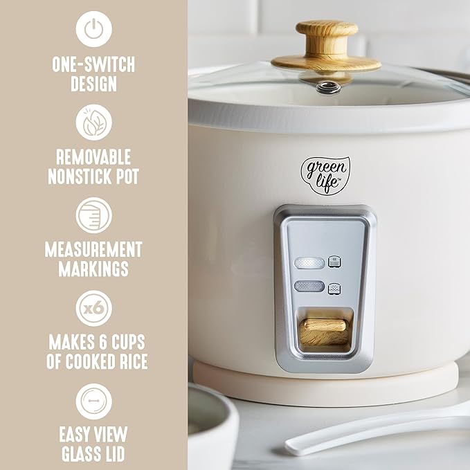 GreenLife Rice Cooker with Removable PFAS-Free Ceramic Nonstick Pot, 3-Cups - Image 4