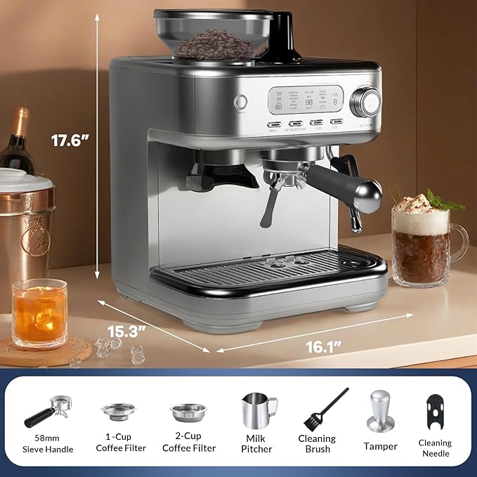 IDEALHOUSE Espresso Maker with Grinder, Milk Frother, 15 Bar Pump, 15 Grind - Image 2