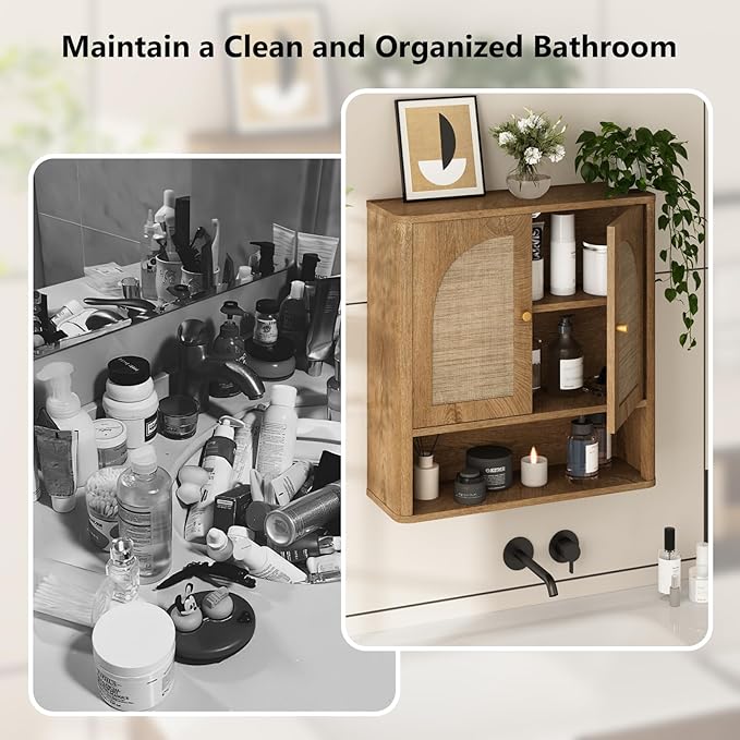 RUSTOWN Rattan Bathroom Wall Cabinet, Over The Toilet Storage Cabinets - Image 4