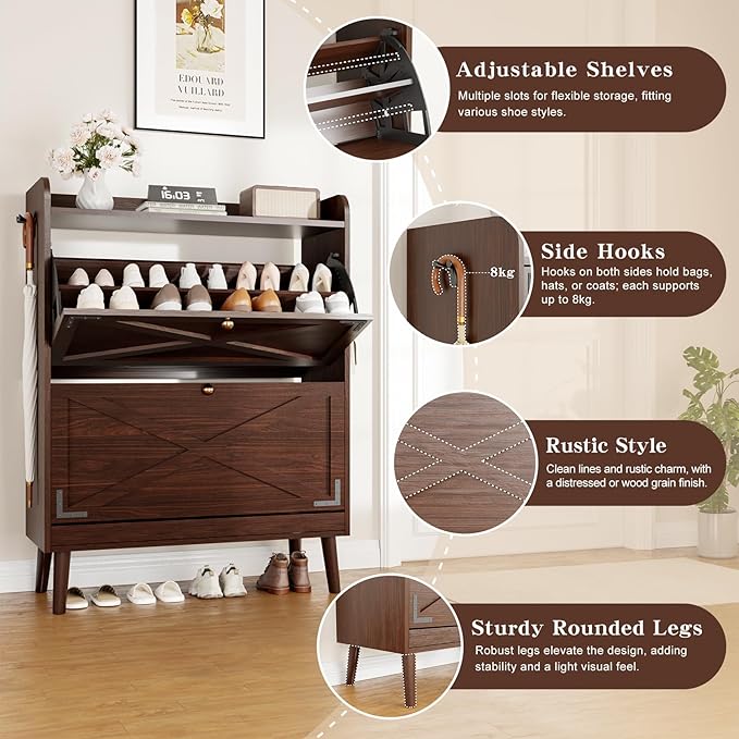 Shoe Storage Cabinet with 2 Flip Drawers & Adjustable Shelves, Narrow Shoe - Image 5
