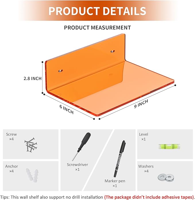9 Inch Orange Wall Shelves, Acrylic Wall Mounting Ledges Display, Acrylic - Image 2