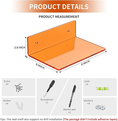 9 Inch Orange Wall Shelves, Acrylic Wall Mounting Ledges Display, Acrylic - Image 2