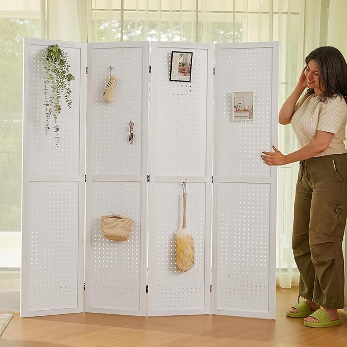 Room Divider Freestanding Folding Pegboard Privacy Screen 4-Panel Display Stand - Image 2