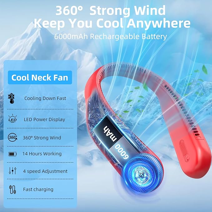 Portable Neck Fan, Hands Free Personal Wearable Bladeless Fan, 6000mAh USB - Image 7