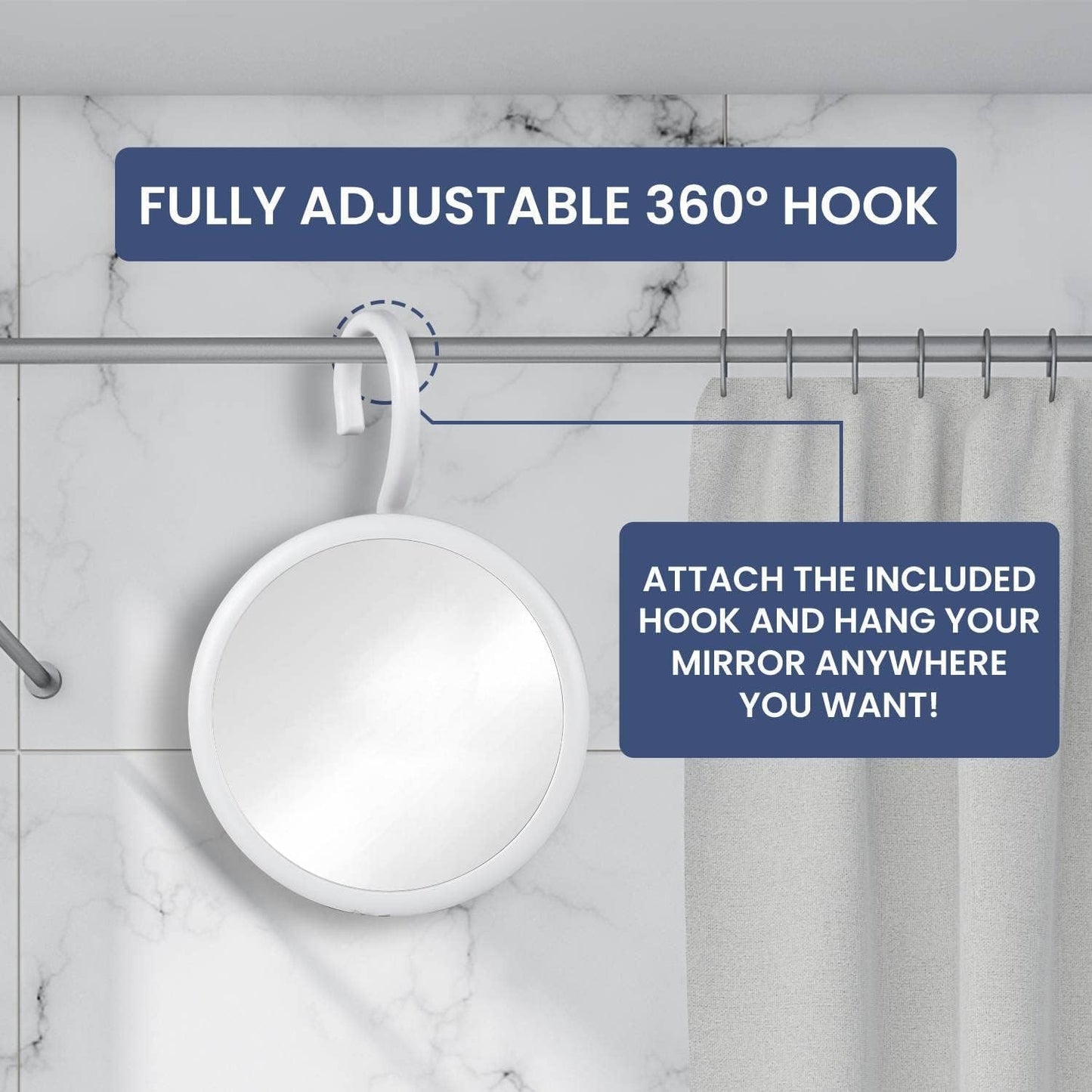 Hangable Round Fogless Shower Shaving Mirror, 6.7" Diameter | Anti Fog Shatterproof Mirror with 360° Swivel Rotatable Hook for Hanging; Hangs on Showerhead, Towel Rack, Caddies, or Rods