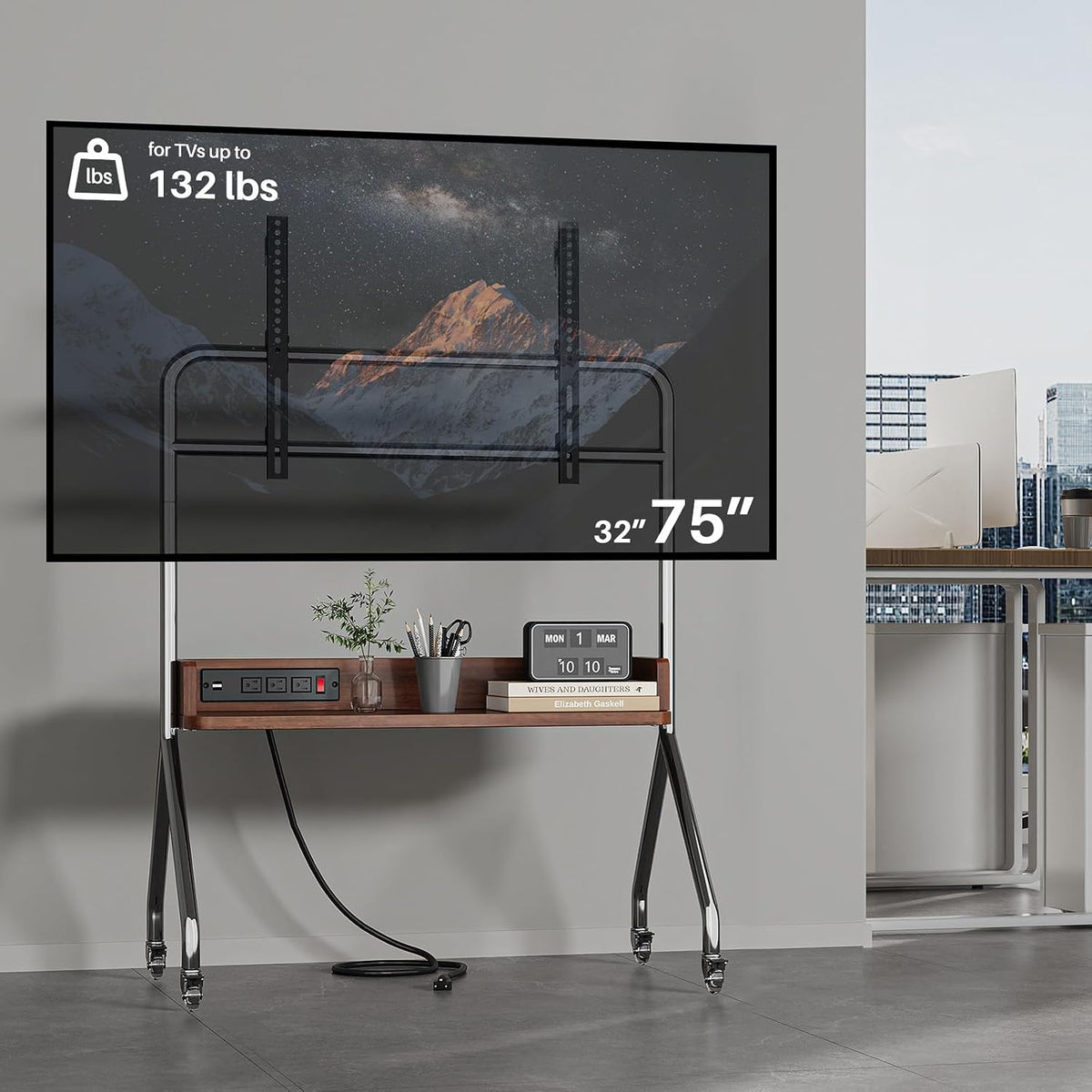 Rolling TV Stand with Power Outlet & Wooden Shelf,Stainless Steel Mobile ...