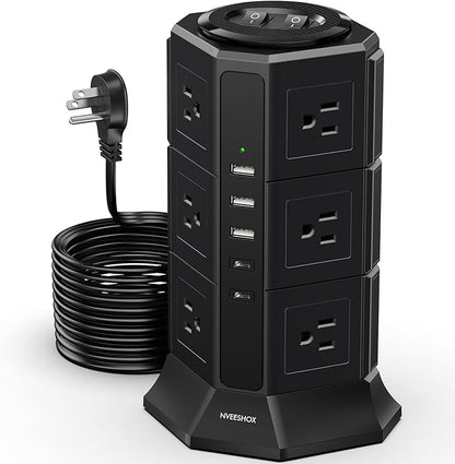 Surge Protector Power Strip Tower, 10FT Ultra Flat Extension Cord by NVEESHOX