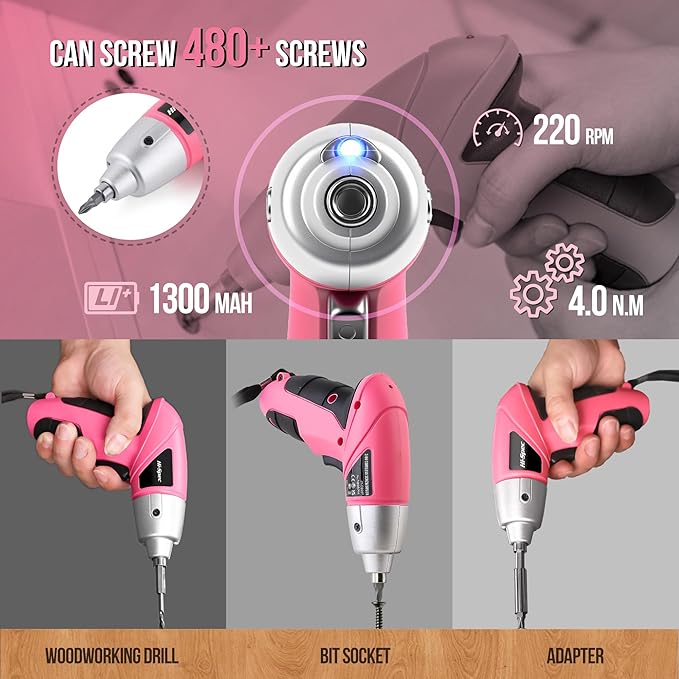 Hi-Spec Electric Screwdriver 27pc 3.6V Pink USB Small Power Screwdriver Set. - Image 4
