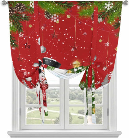 Christmas Snowman Reindeer Pine Tree Bell Tie Up Curtains for Windows, Cartoon Style Rod Pocket Window Shade Adjustable Balloon Curtain Valance for Bedroom Kitchen Bathroom Blinds 34x45in