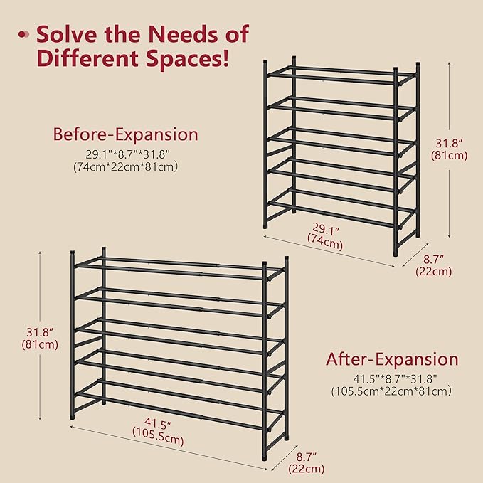 Tajsoon Expandable Shoe Rack for Closet 5 Tier, 29“-41“Adjustable & Stackable - Image 3
