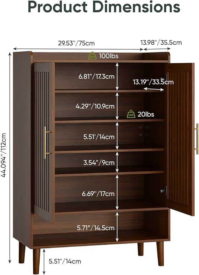 Shoe Storage Cabinet with 2 Slatted Doors, 6-Tier Large Shoe Cabinet with - Image 2