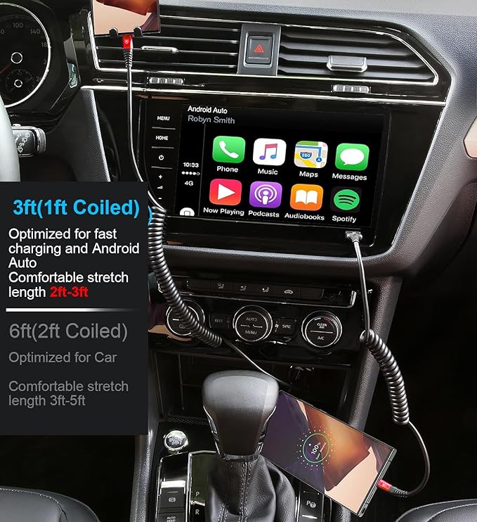 KIYODA Coiled USB C Cable for Car 3FT & 6FT, USB C to USB C Fast Charging Cable - Image 4