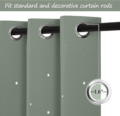 NICETOWN Sage Green Blackout Curtains with Star Hollow Out, 1 PC, W52 x L63 | Kids Cutout Galaxy Window Curtains & Drapes with Grommet for Baby Nursery Girls Bedroom