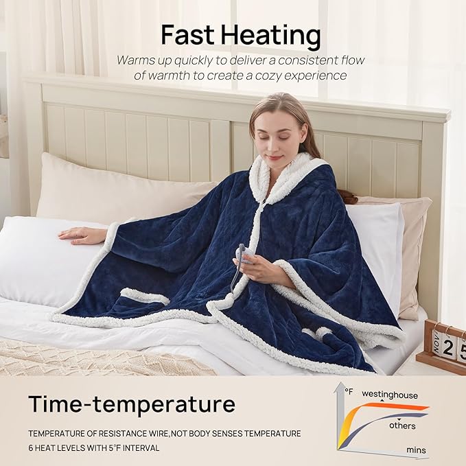 Westinghouse Wearable Heated Throw Blanket, Electric Heated Wrap Poncho Shawl - Image 5
