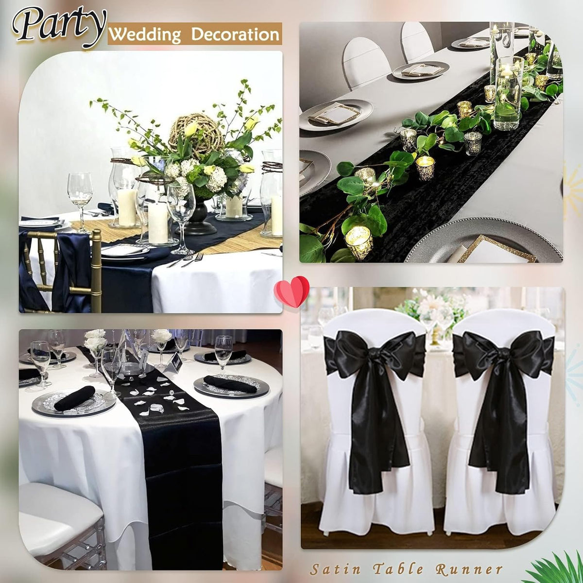 24 Pack Black Table Runners 12 x 108 Inches Long Smooth Satin Silk Black Hall...