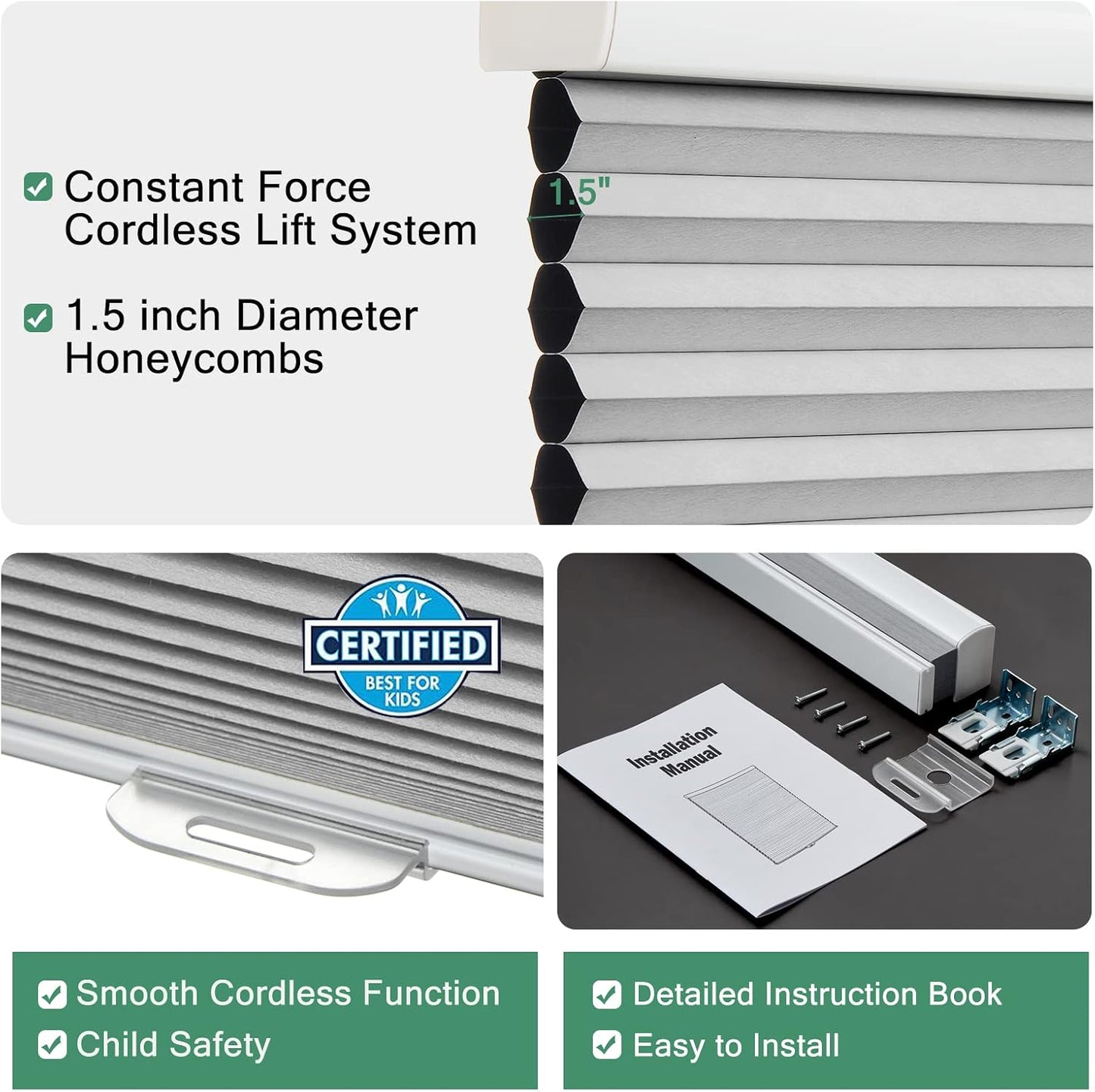 Tonature Custom Size Cellular Shades Cordless Blackout Roller Shades Bottom up Pleated Window Blinds Waterproof Thermal Insulated Honeycomb Blinds for Windows, Home and Office Dark Grey
