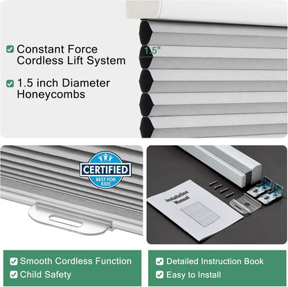 Tonature Custom Size Cellular Shades Cordless Blackout Roller Shades Bottom up Pleated Window Blinds Waterproof Thermal Insulated Honeycomb Blinds for Windows, Home and Office Dark Grey