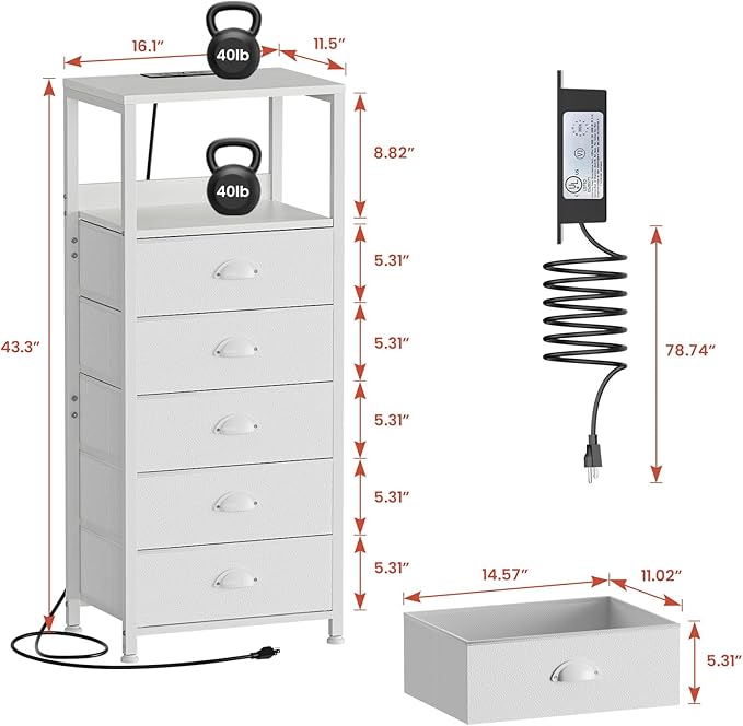 5 Drawers Dresser with Charging Station & Voice-Controlled LED Light, Tall - Image 3