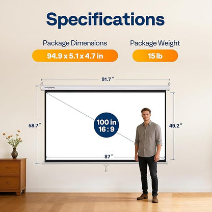 VIVOHOME 100 Inch 16:9 Pull Down Projector Screen, HD 4K Retractable Movie - Image 8
