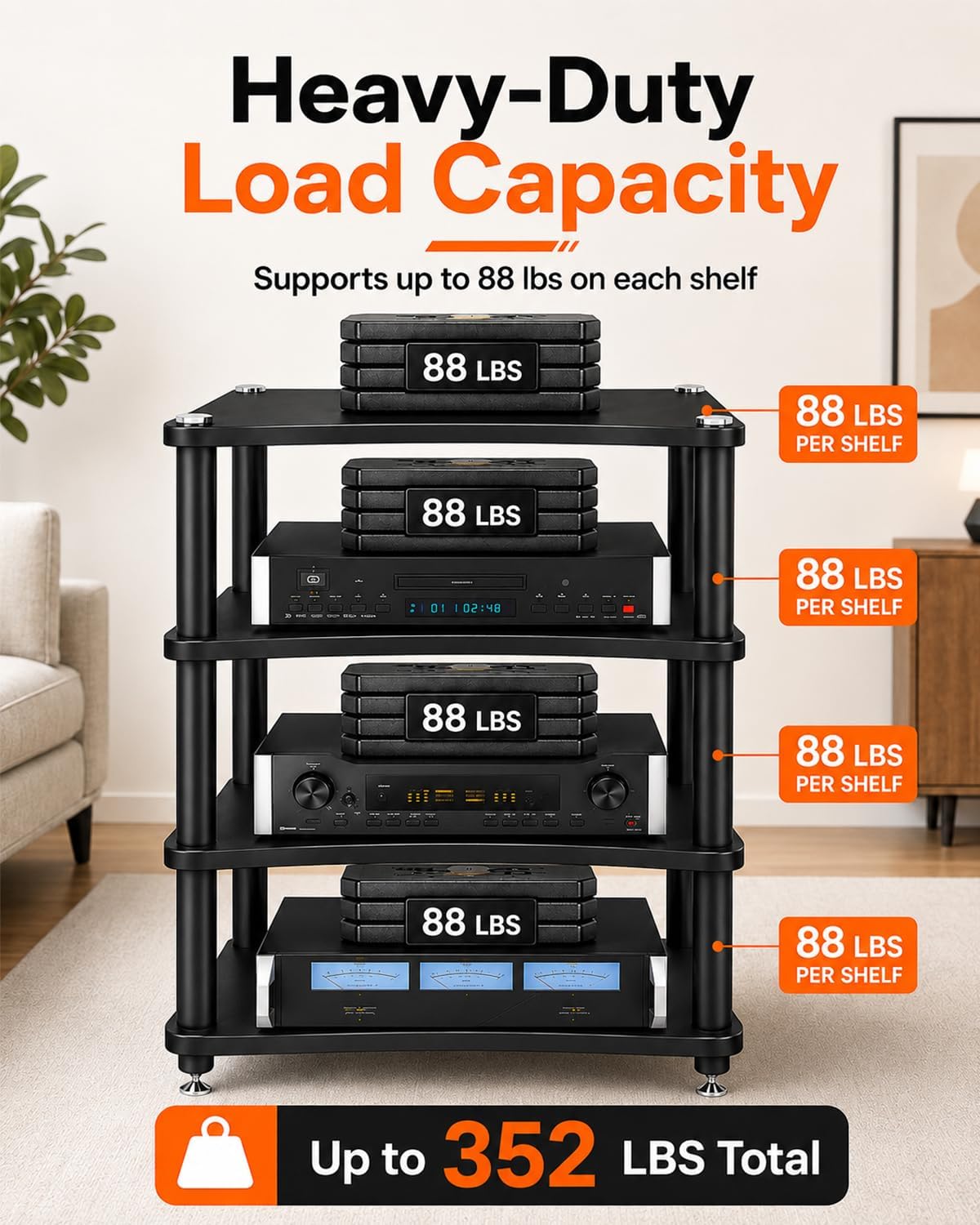 Heavy Duty 4-Tier AV Media Stand, 352 lb Load Capacity, Black
