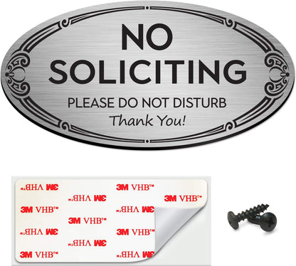 SignSeries No Soliciting Sign for Home and Office - 3" x 6" - Mounting Hardware Included, Easy Installation on Wall, Glass, or Doorbell - Heavy-Duty and Weather-Resistant (Brushed Silver)