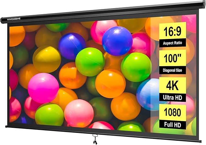 VIVOHOME 100 Inch 16:9 Pull Down Projector Screen, HD 4K Retractable Movie by VIVOHOME