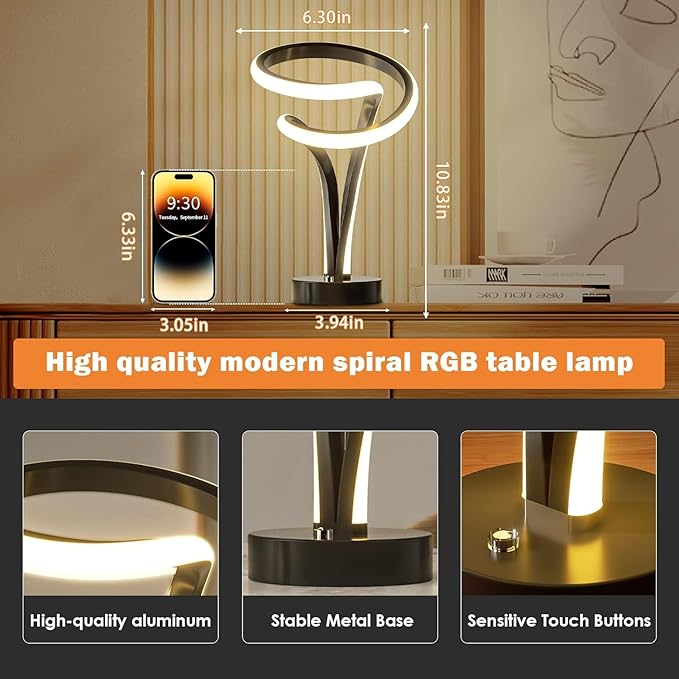 airnasa Spiral LED Table Lamp Set of 2-10 Color Modes, Touch Dimming, Modern - Image 3